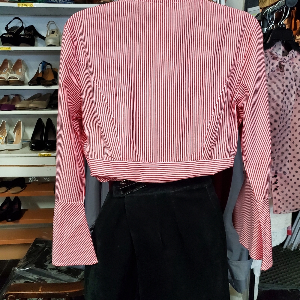 New red white pinstriped ruffle high low top Large - Picture 7 of 13
